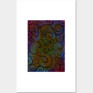 Black Swirls on Gold and Blue Strokes Posters and Art